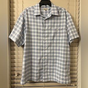 Haggar Men's Large Button Front Pocket Shirt Short Sleeve Blue Plaid Casual